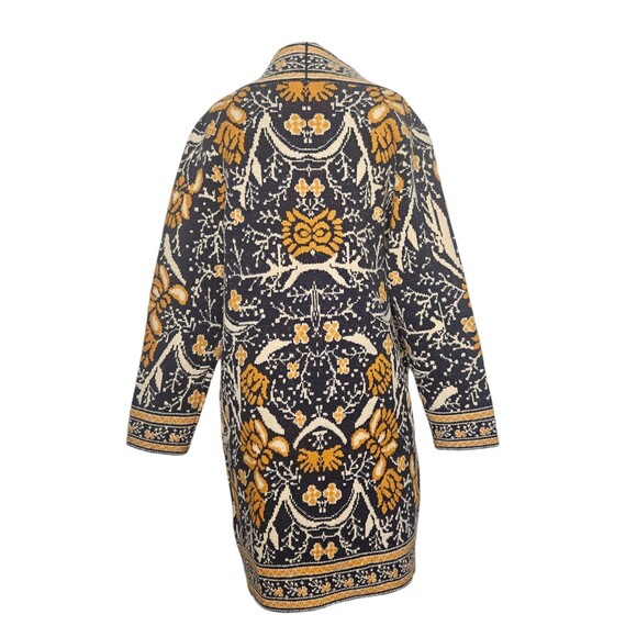 MAXSPORT Sweater Coat Med Navy Gold Floral Nordic Scandinavian Open Front Thick - Picture 4 of 7